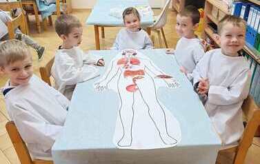 Przedszkolaki układające organy wewnętrzne na modelu
